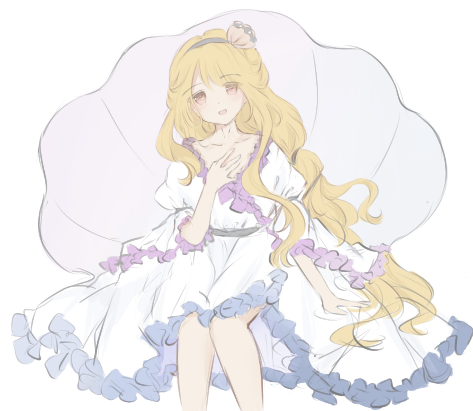 watari nina, fossilized wonders, touhou, highres, <rescc>, 1girl, blonde hair, dress, frilled dress, frilled sleeves, frills, hair ornament, hairband, long hair, oyster, pearl hair ornament, rescc (089), sitting, smile, solo