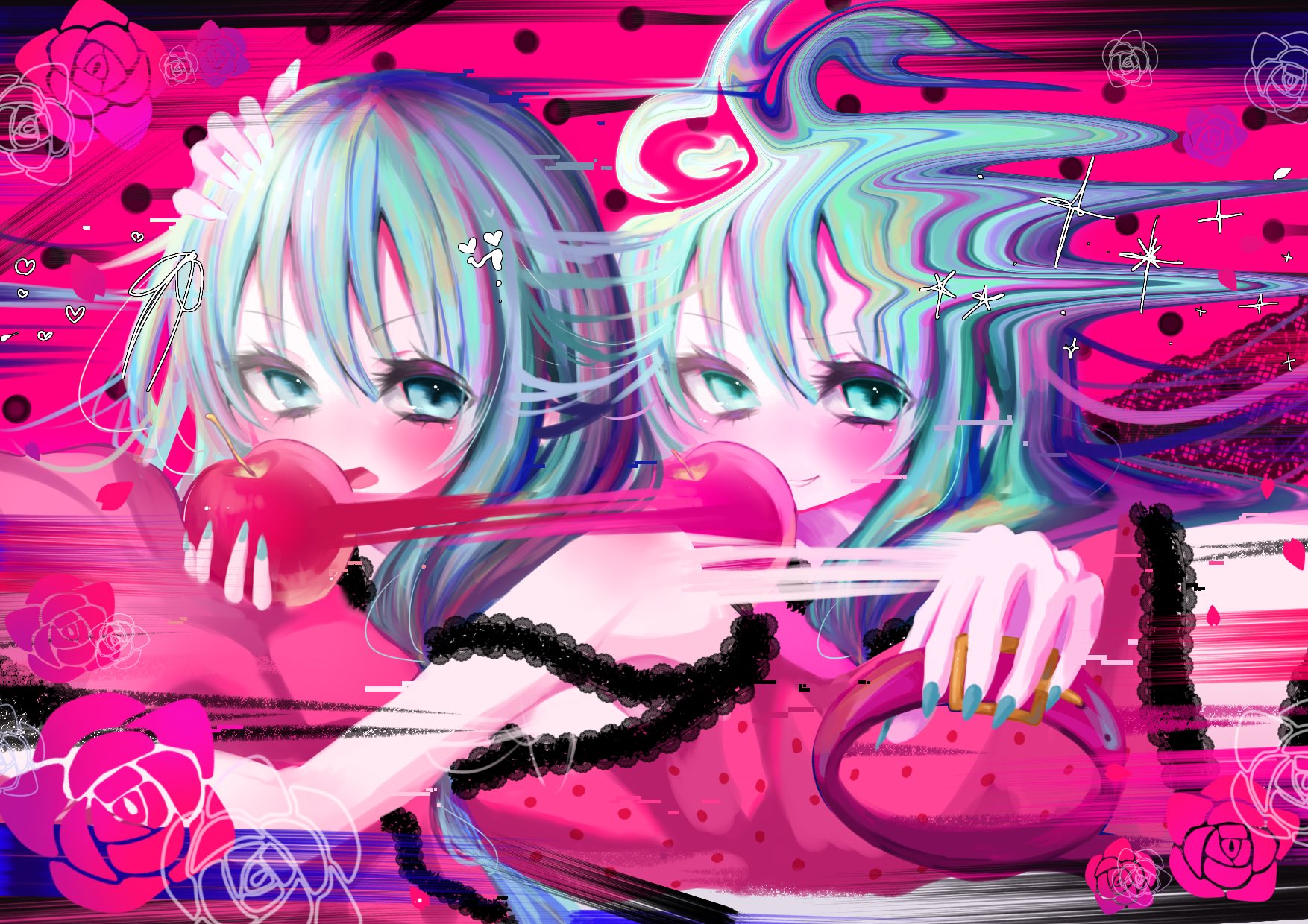 mrin (mrin02525), hatsune miku, romeo to cinderella (vocaloid), vocaloid, pink pillow, highres, 1girl, apple, aqua eyes, aqua hair, black lace trim, camisole, clown mask, food, frilled camisole, frills, fruit, holding, holding food, holding fruit, lace-trimmed camisole, lace trim, long hair, looking at viewer, mask, pink camisole, polka dot camisole, solo, very long hair