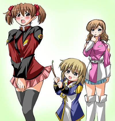 steed (steed enterprise), cagalli yula athha, fukuzawa yumi, lunamaria hawke, satou sei, stellar loussier, toudou shimako, gundam, gundam seed, gundam seed destiny, maria-sama ga miteru, white footwear, lowres, 3girls, blonde hair, boots, cagalli yula athha (cosplay), clothes lift, cosplay, crossover, implied pantyshot, knee boots, lunamaria hawke (cosplay), military, military uniform, multiple girls, parody, skirt, skirt lift, stellar loussier (cosplay), stick, thighhighs, zettai ryouiki