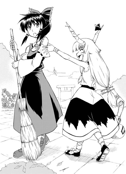 hikawa shou, hakurei reimu, ibuki suika, touhou, 2girls, ^ ^, black hair, bow, broom, closed eyes, cloud, detached sleeves, female focus, gourd, greyscale, hair bow, horns, leaf, long hair, low-tied long hair, monochrome, mountain, multiple girls, open mouth, skirt, smile, sweeping, torii