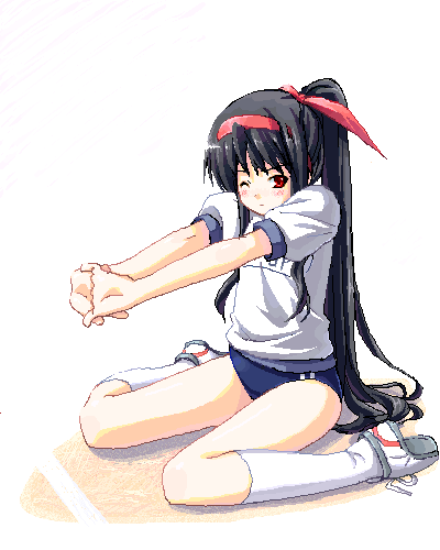 senji (tegone spike), original, lowres, 1girl, black hair, buruma, female focus, full body, gym uniform, hair ribbon, hairband, plantar flexion, ponytail, red eyes, ribbon, sitting, solo, stretching, wariza