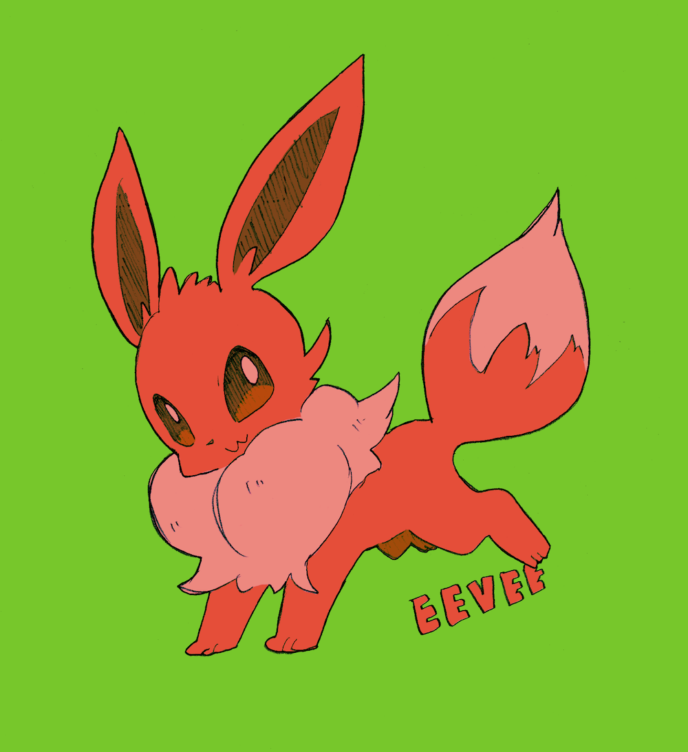 hisashi999, eevee, nintendo, pokemon, commentary request, :3, animal focus, bright pupils, character name, closed mouth, full body, gen 1 pokemon, green background, high contrast, no humans, pokemon (creature), short hair, simple background, solo, white pupils