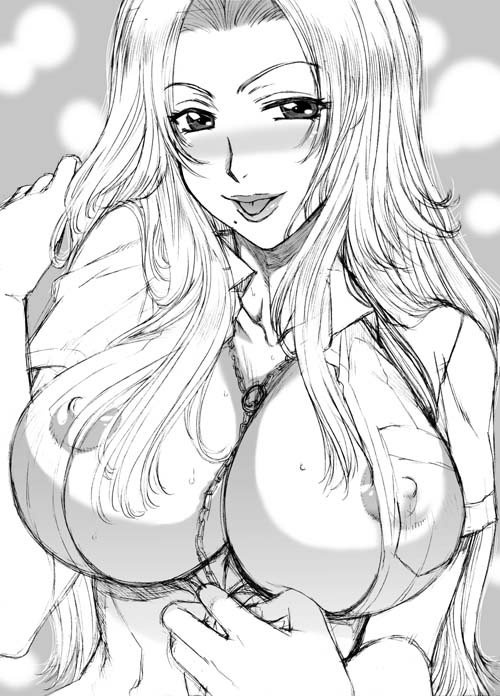 hanzaki jirou, matsumoto rangiku, bleach, 00s, 1girl, :p, adjusting hair, areola slip, between breasts, blush, breasts, center opening, chain, cleavage, collarbone, covered erect nipples, female focus, greyscale, huge breasts, jewelry, large breasts, lipstick, long hair, looking at viewer, makeup, mole, mole under mouth, monochrome, naughty face, necklace, no bra, nose blush, open clothes, open shirt, pocket, school uniform, see-through clothes, shirt, sidelocks, sketch, solo, tongue, tongue out, upper body, very long hair