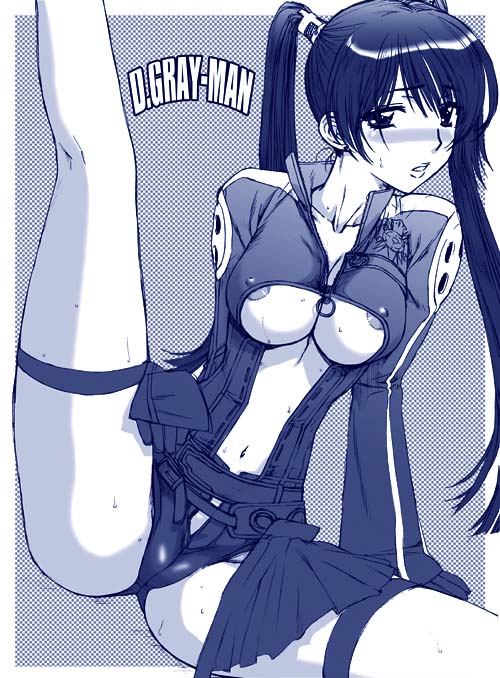 hanzaki jirou, lenalee lee, d.gray-man, 00s, 1girl, areola slip, black hair, blush, breasts, cameltoe, cleavage, covered erect nipples, female focus, gloves, large breasts, long hair, monochrome, solo, spread legs, sweat, thighhighs, twintails, underboob