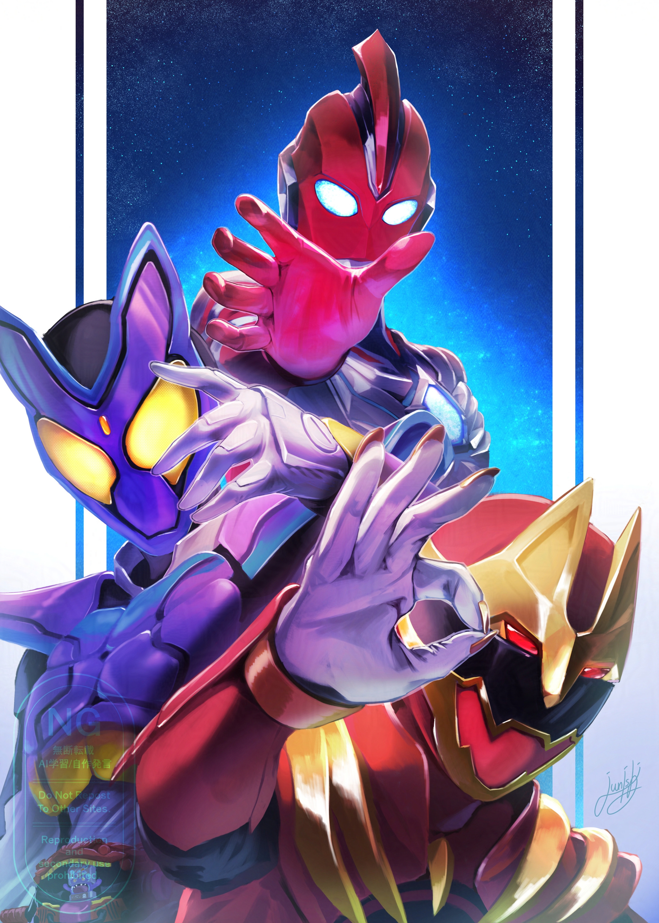 juunishi aya, gozyuwolf, kamen rider gavv, ultraman omega, kamen rider, kamen rider gavv (series), no.1 sentai gozyuger, super sentai, ultra series, ultraman omega (series), absurdres, highres, 3boys, armor, bodysuit, compound eyes, dorsal fin, full body, glowing, glowing eyes, helmet, male focus, multiple boys, popping gummy, purple armor, red armor, red helmet, rider belt, tokusatsu, yellow eyes