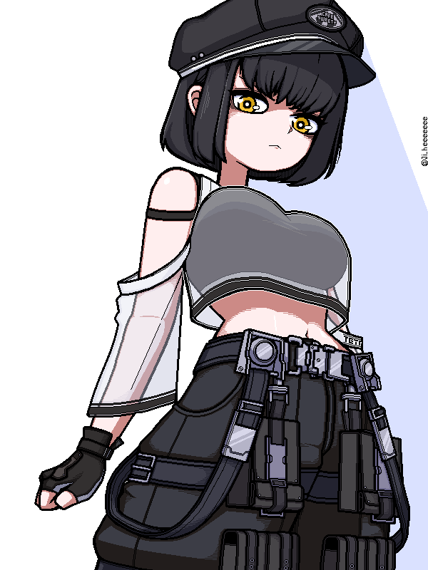 ji heeeeeee, milk (nikke), goddess of victory: nikke, commentary, korean commentary, 1girl, artist name, black hair, black hat, breasts, clothing cutout, cowboy shot, expressionless, fingerless gloves, gloves, hat, large breasts, looking at viewer, midriff, navel, see-through clothes, see-through sleeves, short hair, shoulder cutout, solo, twitter username, white background, yellow eyes