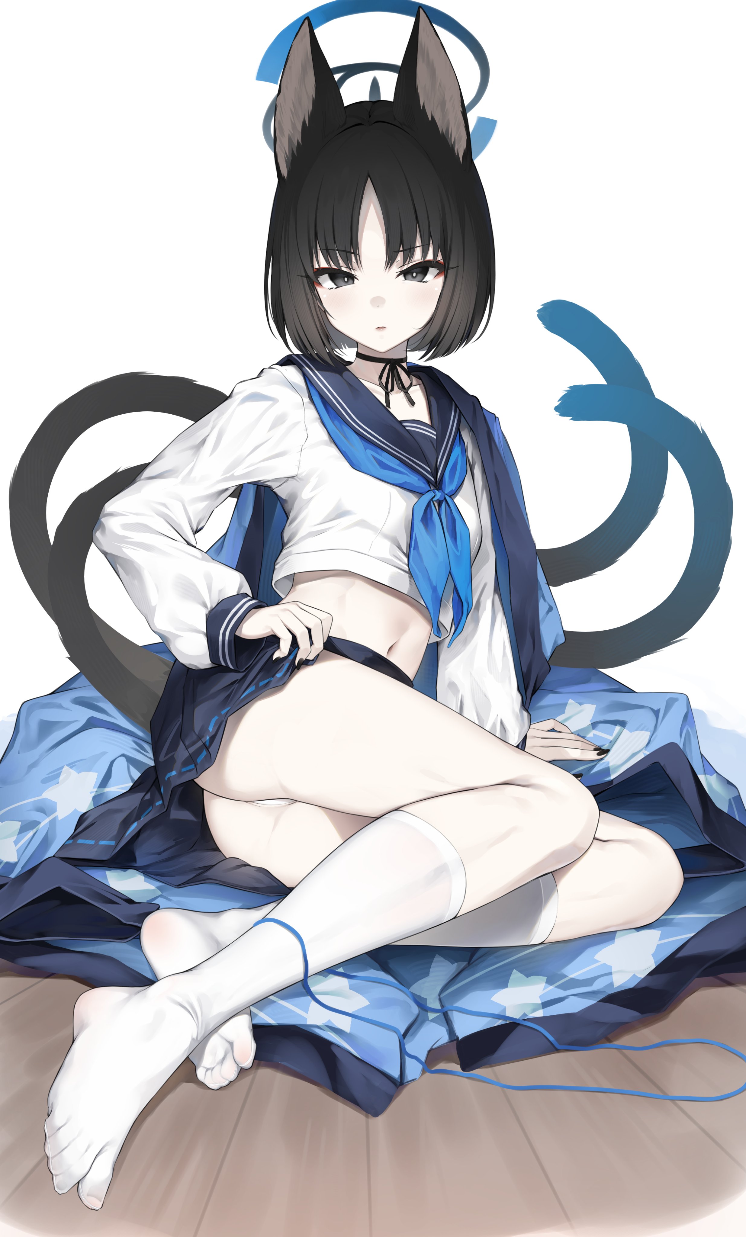 hyouta (yoneya), kikyou (blue archive), blue archive, absurdres, commentary request, highres, 1girl, animal ear fluff, animal ears, arm support, ass, black hair, black sailor collar, black skirt, blue neckerchief, cat ears, cat girl, cat tail, closed mouth, clothes lift, crop top, grey eyes, halo, looking at viewer, midriff, multiple tails, navel, neckerchief, no shoes, on floor, panties, pleated skirt, sailor collar, shirt, short hair, skirt, skirt lift, socks, solo, tail, two tails, underwear, white background, white panties, white shirt, white socks, wooden floor