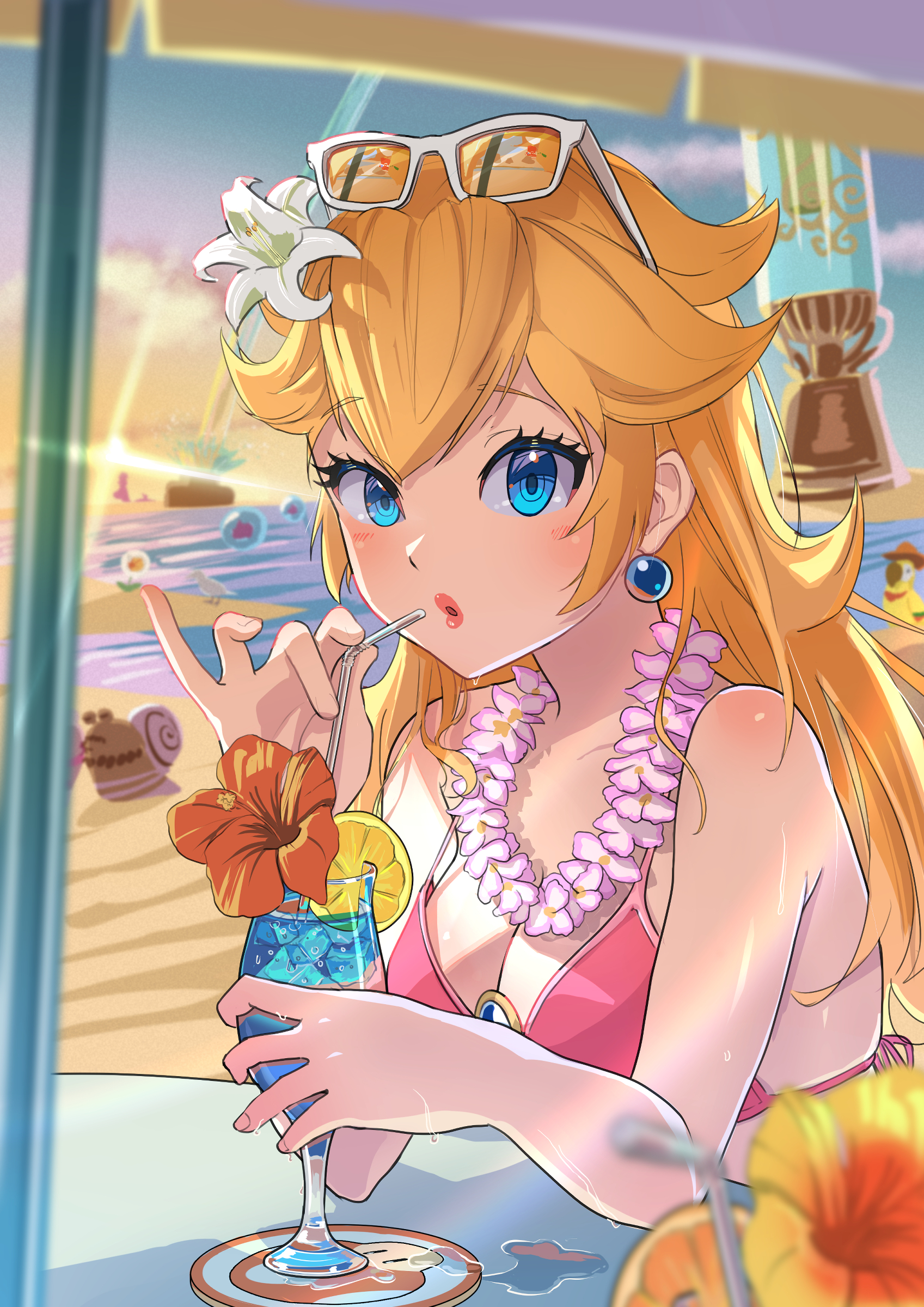 kurere1202, bubblainian, gushen, princess peach, princess peach (swimwear), mario (series), mario kart, mario kart tour, nintendo, super mario odyssey, white lily, absurdres, commentary request, highres, 1girl, beach, bikini, bird, blonde hair, blue eyes, breasts, cleavage, drink, drinking, drinking straw, earrings, eyewear on head, flower, flower necklace, food, fruit, glasses, hair flower, hair ornament, hibiscus, holding, holding drink, jewelry, lei, lemon, lemon slice, lily (flower), lips, long hair, looking at viewer, medium breasts, necklace, ocean, official alternate costume, outdoors, pink flower, red flower, rocket flower (mario), sand, snail, sphere earrings, sunlight, swimsuit, table, talkatoo (mario), tropical drink, water, white flower, yellow flower