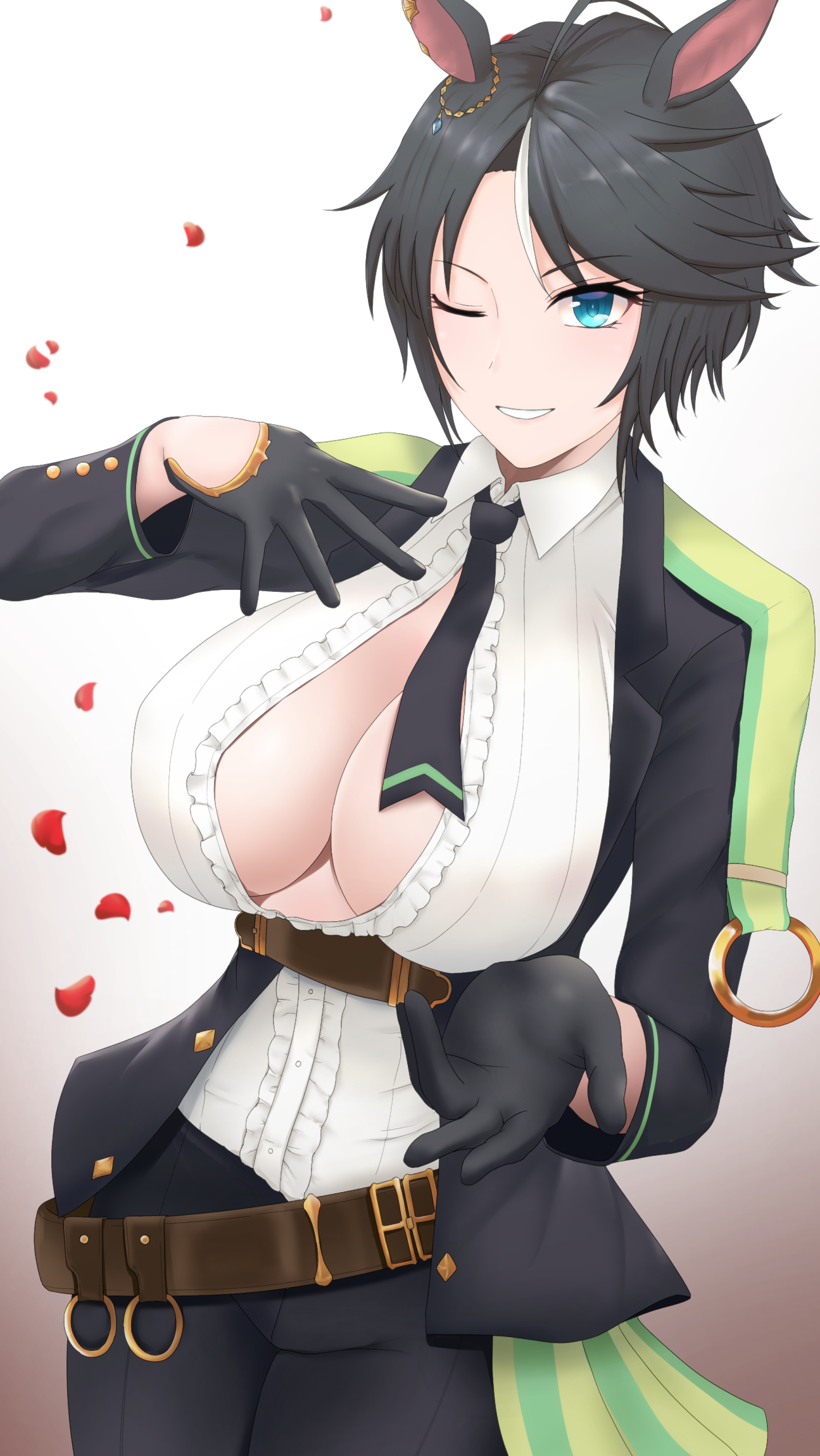 otohukebonne, fuji kiseki (umamusume), umamusume, commentary request, highres, partial commentary, 1girl, ahoge, animal ears, belt, black hair, black jacket, black necktie, black pants, blue eyes, breasts, brown belt, center frills, cleavage, collared shirt, cowboy shot, ear ornament, ear piercing, falling petals, frilled shirt, frills, gloves, hair between eyes, hand up, horse ears, horse girl, jacket, large breasts, long sleeves, looking at viewer, multicolored hair, necktie, open clothes, open jacket, pants, parted lips, partially unbuttoned, petals, piercing, rose petals, shirt, short hair, sidelocks, smile, solo, standing, underbust, white hair
