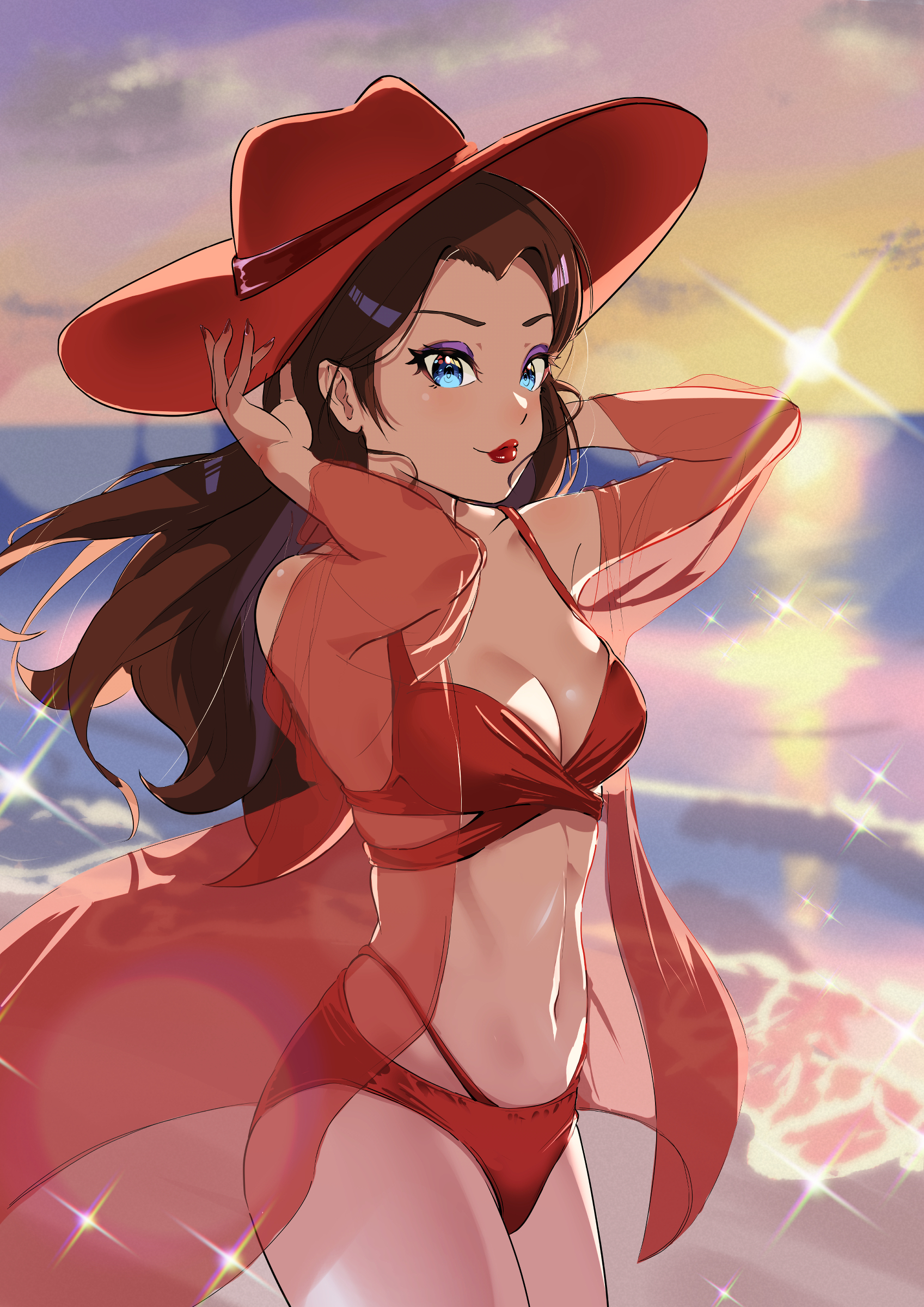 kurere1202, pauline (mario), donkey kong (series), mario (series), nintendo, super mario odyssey, absurdres, commentary request, highres, 1girl, beach, bikini, blue eyes, breasts, brown hair, cleavage, coat, collarbone, earrings, eyeshadow, fedora, floating earrings, gold earrings, hat, jewelry, long hair, makeup, ocean, parted bangs, purple eyeshadow, red bikini, red coat, red hat, red lips, see-through clothes, solo, sunset, swimsuit, wavy hair