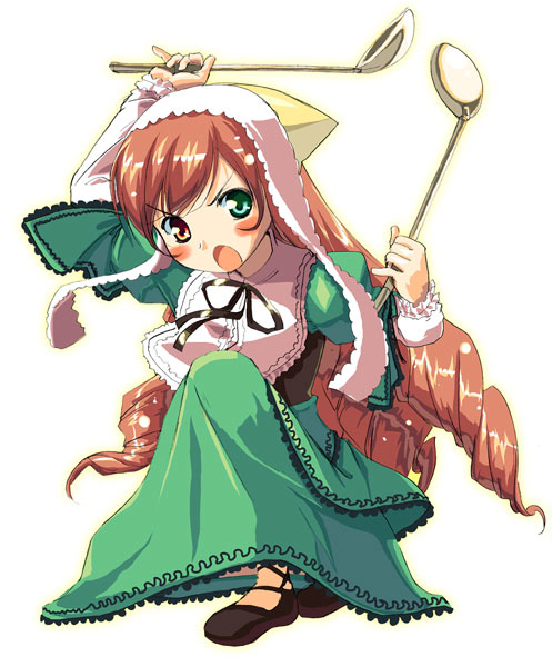 suiseiseki, rozen maiden, 00s, 1girl, blush, brown hair, corset, dress, drill hair, female focus, full body, green dress, green eyes, hat, headscarf, heterochromia, holding, kneeling, lolita fashion, long hair, long sleeves, open mouth, red eyes, shoes, simple background, solo, very long hair, white background, yellow headscarf