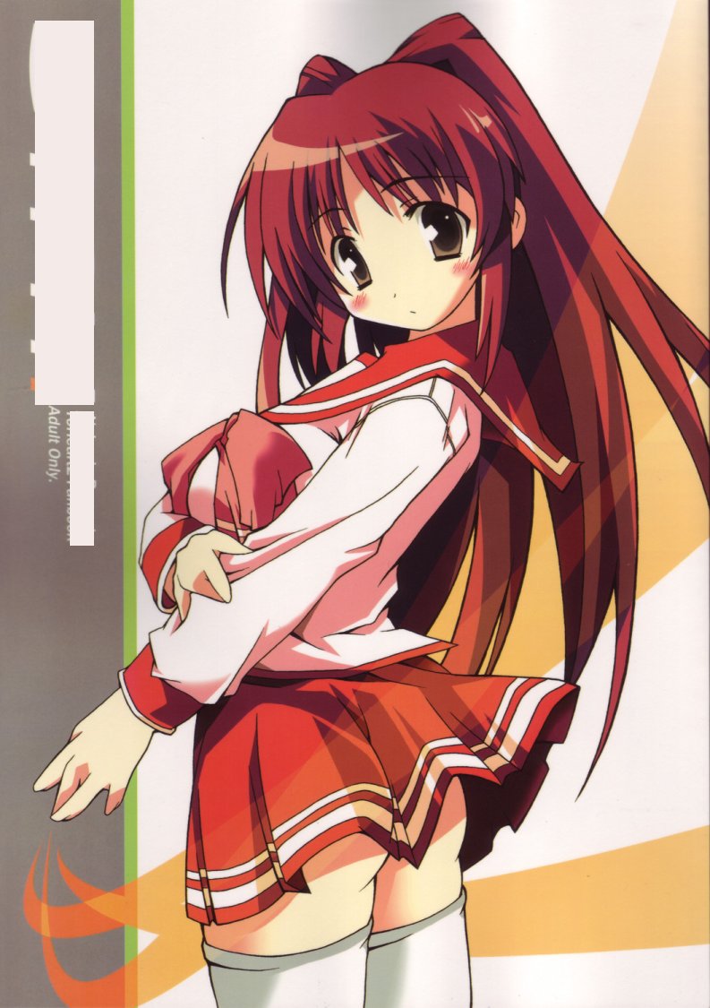nekonin, kousaka tamaki, to heart (series), to heart 2, duplicate, 00s, brown eyes, long hair, miniskirt, pleated skirt, red hair, school uniform, serafuku, skirt, solo, thighhighs, wind, wind lift, zettai ryouiki