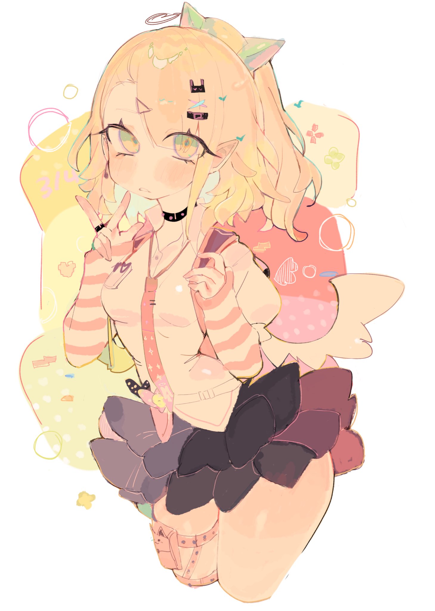 usa37107692, chinatsu remiel, zenless zone zero, highres, 1girl, backpack, bag, bow, earrings, green eyes, green hair, hair ornament, hairclip, heisei retro, jewelry, leg warmers, long hair, looking at viewer, musical note earrings, necktie, pink bag, pink leg warmers, red necktie, shirt, solo, striped arm warmers, striped leg warmers, white background, white shirt, winged bag, y2k fashion
