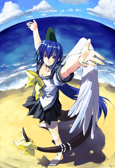 minamino kanata, dizzy (guilty gear), arc system works, guilty gear, 1girl, arms up, asymmetrical wings, beach, black skirt, blue hair, bow, day, female focus, fisheye, from above, long hair, outdoors, red eyes, ribbon, school uniform, skirt, solo, tail, tail bow, tail ornament, tail ribbon, wings