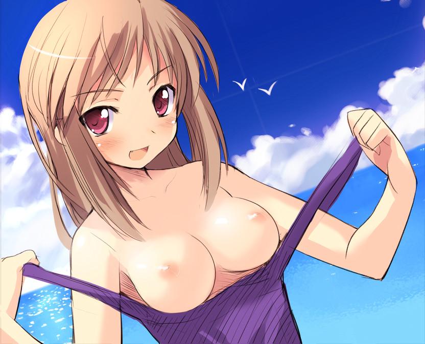 sikorsky, original, 1girl, beach, bird, blonde hair, blush, breasts, brown hair, cloud, day, dutch angle, fang, female focus, long hair, medium breasts, nipples, ocean, one-piece swimsuit, open mouth, outdoors, pink eyes, purple one-piece swimsuit, purple school swimsuit, red eyes, school swimsuit, sky, smile, solo, strap slip, swimsuit, undressing, water