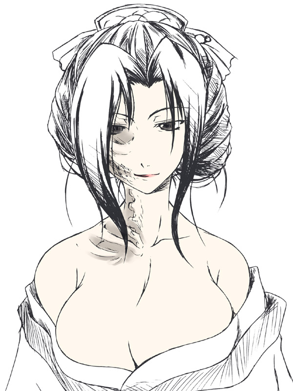 akane yuki, hone onna, jigoku shoujo, 00s, 1girl, bare shoulders, breasts, cleavage, collarbone, female focus, honeonna, japanese clothes, large breasts, monochrome, off shoulder, simple background, solo, upper body, white background