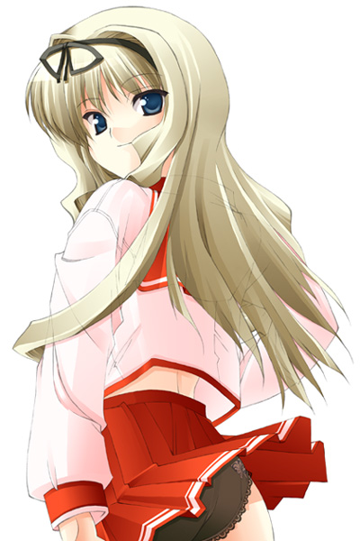 ssg, takamura kazuha, kusugawa sasara, to heart (series), to heart 2, 00s, 1girl, back, black panties, blonde hair, blue eyes, female focus, hair ribbon, lace, lace-trimmed panties, lace trim, looking back, miniskirt, panties, pleated skirt, ribbon, school uniform, serafuku, skirt, solo, standing, underwear, wind, wind lift