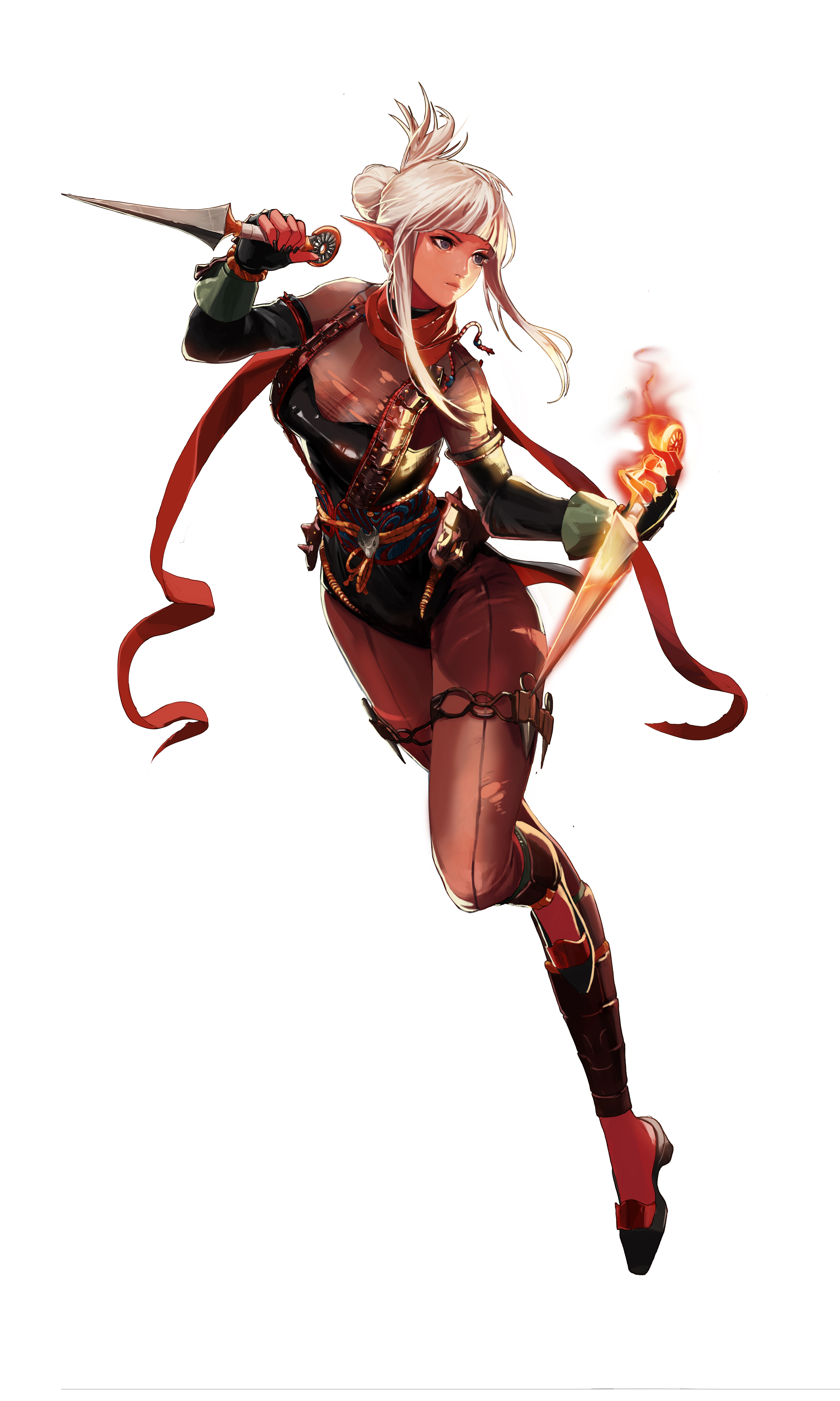 kunoichi (dungeon and fighter), thief (dungeon and fighter), dungeon and fighter, official art, 1girl, black leotard, black shoes, blunt bangs, breasts, cleavage, closed mouth, dark skin, dual wielding, ear piercing, elbow gloves, fingerless gloves, fire, floating hair, full body, gloves, grey eyes, hair bun, holding, holding weapon, holster, knee up, kunai, leotard, lips, long sidelocks, looking to the side, magic, pantyhose, piercing, pointy ears, red scarf, scarf, shoes, sidelocks, simple background, single hair bun, standing, standing on one leg, thick eyelashes, thigh holster, torn clothes, torn pantyhose, w arms, weapon, white background, white hair