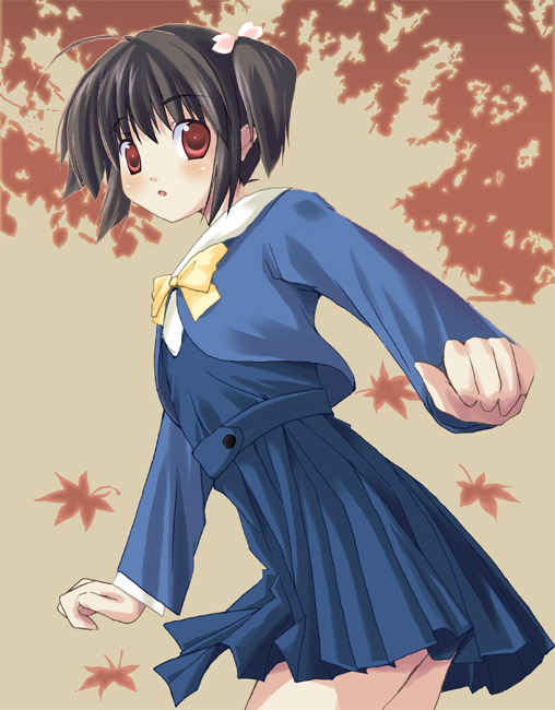 yuzuhara konomi, to heart (series), to heart 2, 00s, 1girl, ahoge, blazer, bow, brown hair, expressionless, female focus, jacket, leaf, looking at viewer, maple leaf, pleated skirt, short hair, skirt, solo, twintails