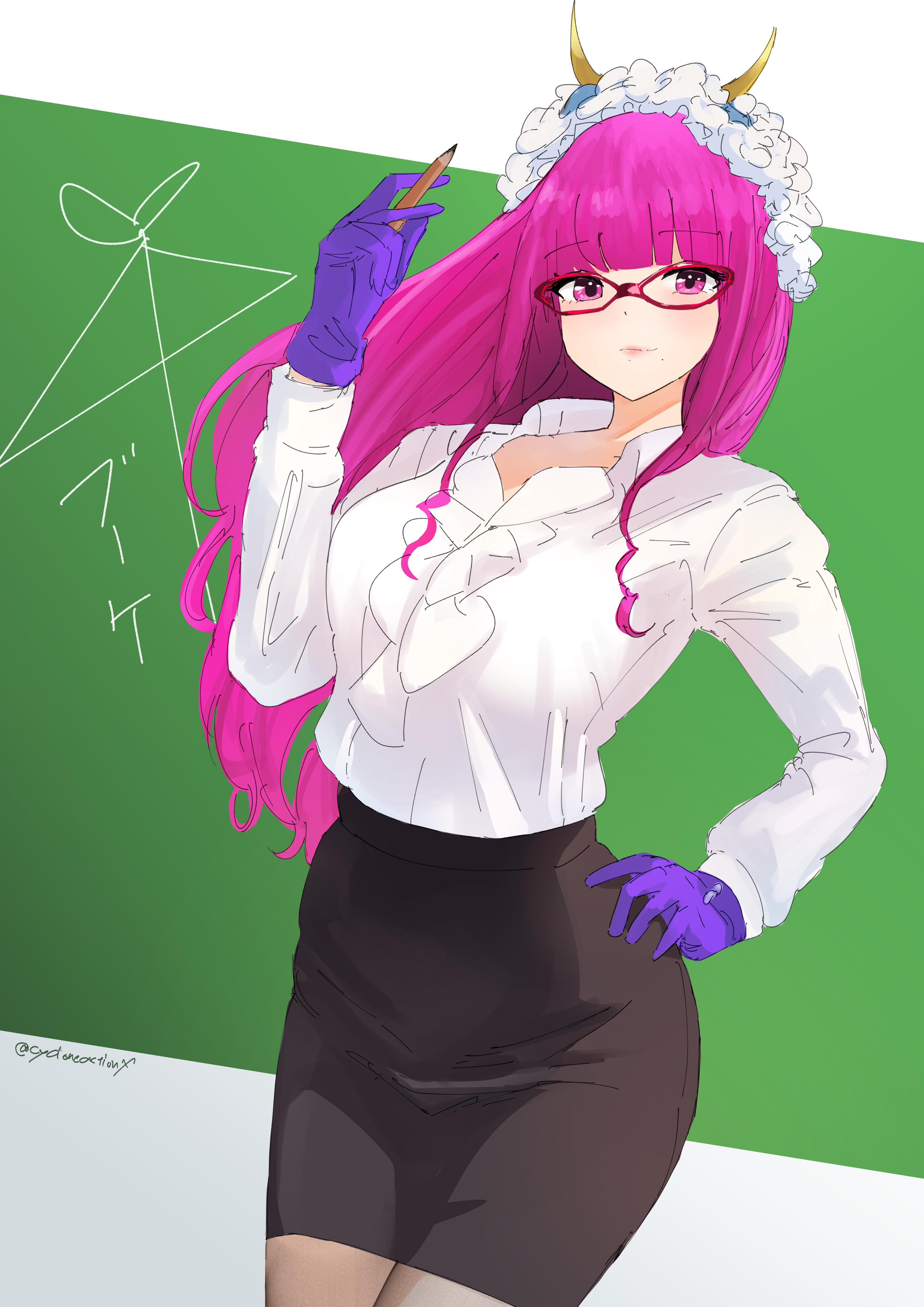 cycloneactionx, bouquet (no.1 sentai gozyuger), no.1 sentai gozyuger, super sentai, 1girl, artist name, blouse, breasts, chalk, chalkboard, collarbone, female focus, glasses, gloves, hand on own hip, long hair, medium breasts, purple eyes, purple hair, shirt, skirt