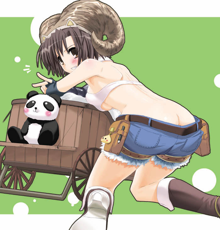 nakajima yuka, blacksmith (ragnarok online), ragnarok online, 1girl, ass, back, belt, black gloves, blacksmith, blush, boots, brown boots, brown eyes, brown hair, butt crack, cart, crop top, denim, denim shorts, female focus, fingerless gloves, gloves, green background, hat, horns, kneeling, leaning, looking at viewer, looking back, panda, short hair, short shorts, shorts, simple background, solo