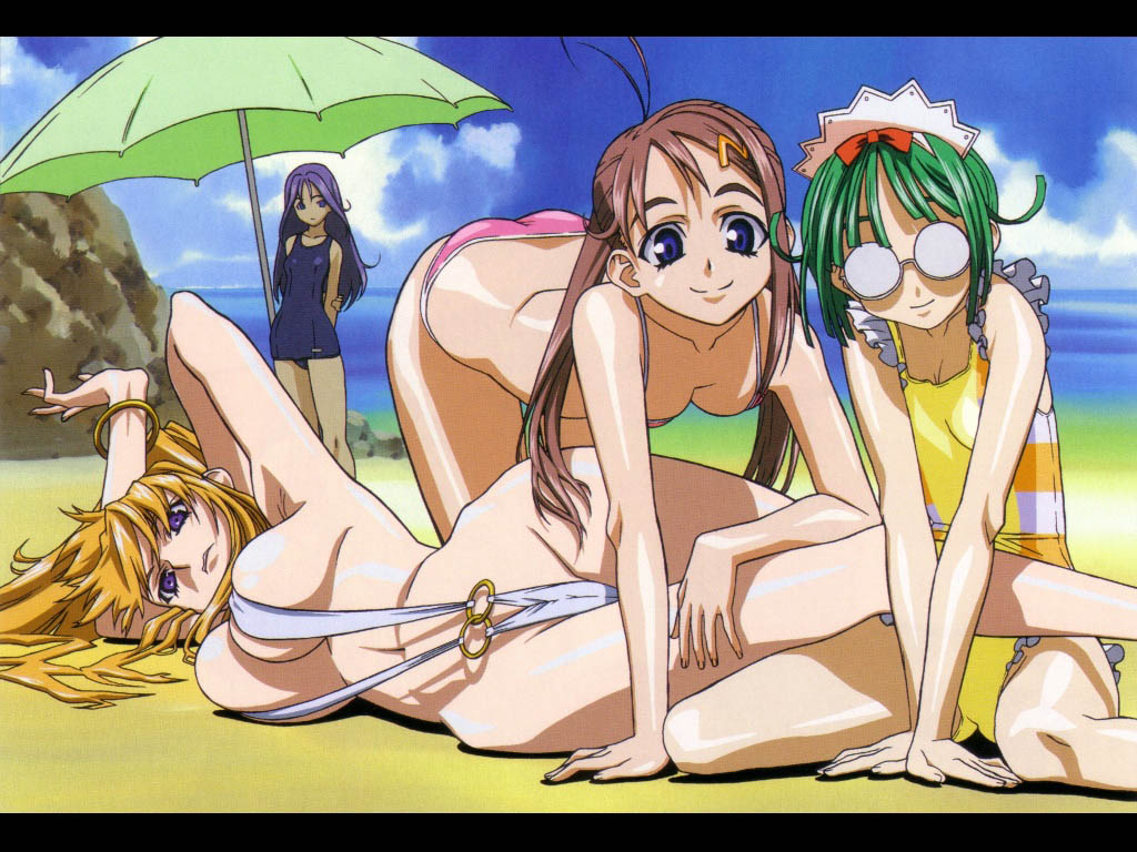 oobari masami, eina, gusuku luna, gusuku runa, leele, tachibana mizuki, choujuushin gravion, official art, 00s, 4girls, ass, beach, bikini, blonde hair, blue eyes, blue one-piece swimsuit, breasts, brown hair, cloud, day, everyone, glasses, green hair, large breasts, long hair, multiple girls, one-piece swimsuit, outdoors, pink bikini, skindentation, slingshot swimsuit, striped clothes, striped one-piece swimsuit, swimsuit, umbrella, white one-piece swimsuit, white slingshot swimsuit