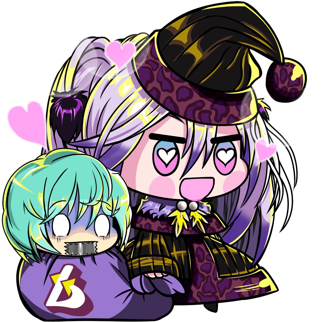 kouto matai, joker (dohna dohna), shion (dohna dohna), dohna dohna issho ni warui koto o shiyou, 1boy, 1girl, animal print, black hat, blank eyes, blush stickers, chibi, chibi only, dress, duct tape, full body, gag, gradient eyes, green hair, hair between eyes, hat, heart, heart-shaped pupils, holding, holding sack, improvised gag, leopard print, meme, multicolored eyes, padoru (meme), print capelet, print dress, sack, symbol-shaped pupils, tape, tape gag