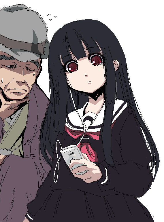 onija tarou, enma ai, wanyuudo, jigoku shoujo, 00s, 1boy, 1girl, black hair, black serafuku, blunt bangs, digital media player, hime cut, ipod, long hair, oekaki, red eyes, school uniform, serafuku, simple background, sketch, white background