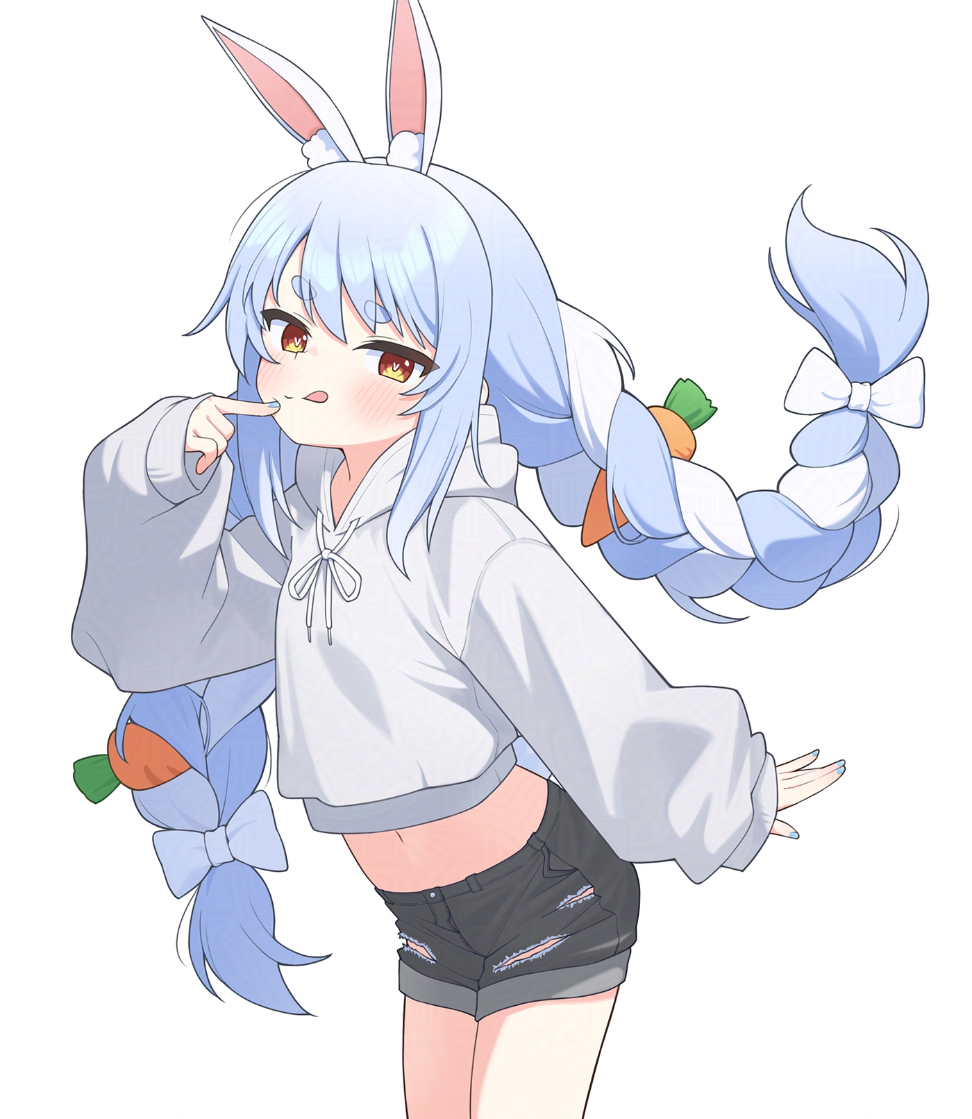 ugaaaa1, usada pekora, hololive, highres, 1girl, animal ear fluff, animal ears, black shorts, blue hair, blue nails, blush, bow, braid, carrot, carrot hair ornament, cowboy shot, cropped hoodie, denim, denim shorts, finger to mouth, food-themed hair ornament, grey hoodie, hair bow, hair ornament, hood, hoodie, looking at viewer, midriff, multicolored hair, nail polish, navel, rabbit-shaped pupils, rabbit ears, rabbit girl, short eyebrows, short shorts, shorts, sidelocks, sleeves past wrists, solo, standing, symbol-shaped pupils, thick eyebrows, tongue, tongue out, torn clothes, torn shorts, twin braids, two-tone hair, virtual youtuber, white background, white bow, white hair