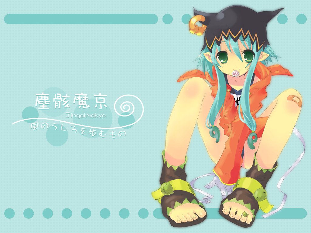 kaze no ushiro wo ayumumono (kazeko), jingai makyou, 1girl, animal hat, bandaged hand, bandages, bandaid, bandaid on knee, bandaid on leg, blue hair, feet, female focus, food, green eyes, hat, jacket, jacket over swimsuit, jewelry, kamaboko, magatama, mouth hold, narutomaki, one-piece swimsuit, pointy ears, sandals, school swimsuit, sitting, solo, swimsuit, swimsuit under clothes, toe ring, toes