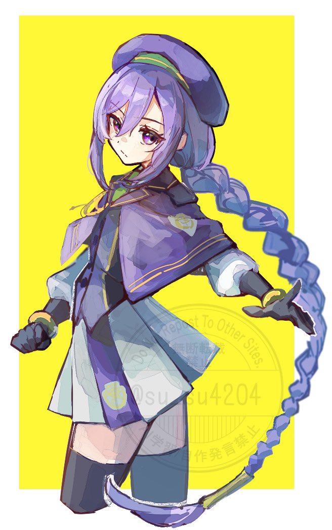 su su4204, sion eltnam (type-moon), sion eltnam atlasia, melty blood, tsukihime, 1girl, atlas academy uniform, black gloves, braid, braided ponytail, gloves, hat, leggings, looking at viewer, pleated skirt, ponytail, purple eyes, purple hair, skirt, solo, watermark