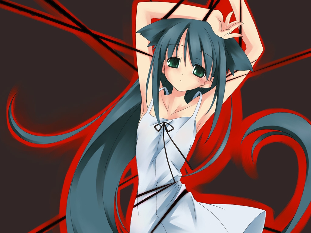 saya (saya no uta), saya no uta, 1girl, :o, armpits, arms up, bare arms, black background, black ribbon, blunt bangs, blush, collarbone, cowboy shot, dress, female focus, flat chest, green eyes, head tilt, long hair, looking at viewer, parted lips, ribbon, sayanouta, simple background, sleeveless, sleeveless dress, solo, string, sundress, very long hair, white dress