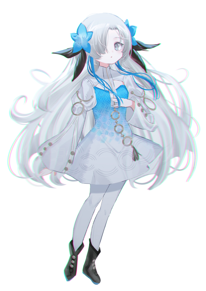 d omm, isekaijoucho, kamitsubaki studio, highres, 1girl, blue eyes, blue flower, blue hair, dress, flower, grey eyes, grey hair, hair flower, hair ornament, hair over one eye, long hair, long sleeves, looking at viewer, multicolored hair, smile, solo, two-tone hair, very long hair, virtual youtuber, white dress, white hair