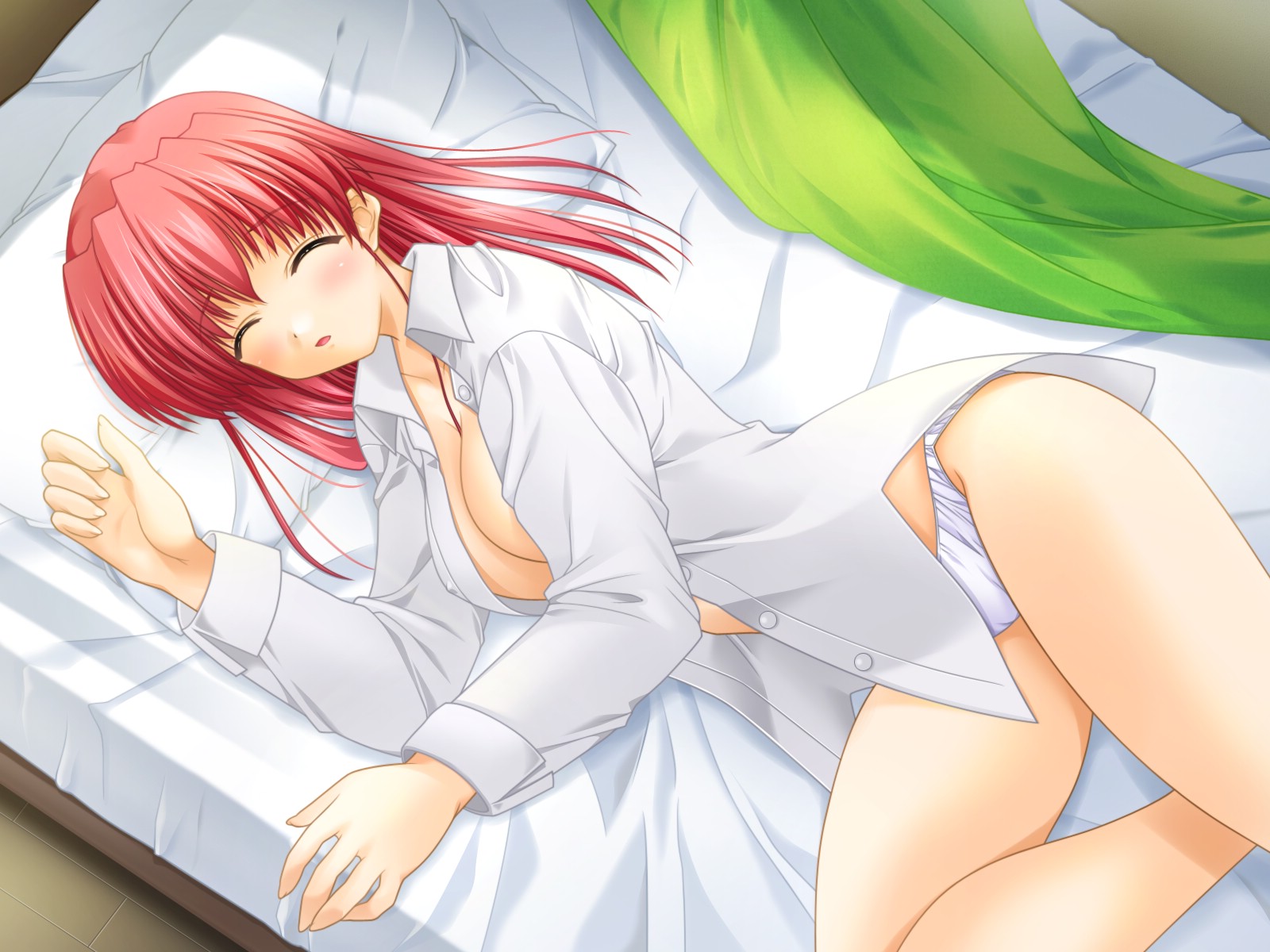 imai kana (as you like), as you like, highres, 1girl, bed, bottomless, breasts, cleavage, closed eyes, dress shirt, female focus, large breasts, long hair, lying, no pants, on side, open clothes, open shirt, panties, red hair, shirt, sleeping, solo, underwear, white panties