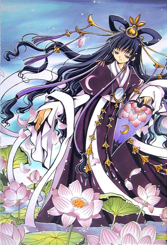 clamp, tomoyo hime, tsubasa chronicle, traditional media, 00s, 1girl, female focus, flower, hair rings, hair tubes, half-closed eyes, hand fan, japanese clothes, jewelry, lily pad, long hair, lotus, mirror, outdoors, petals, purple eyes, purple hair, solo, very long hair, wading, water, wavy hair