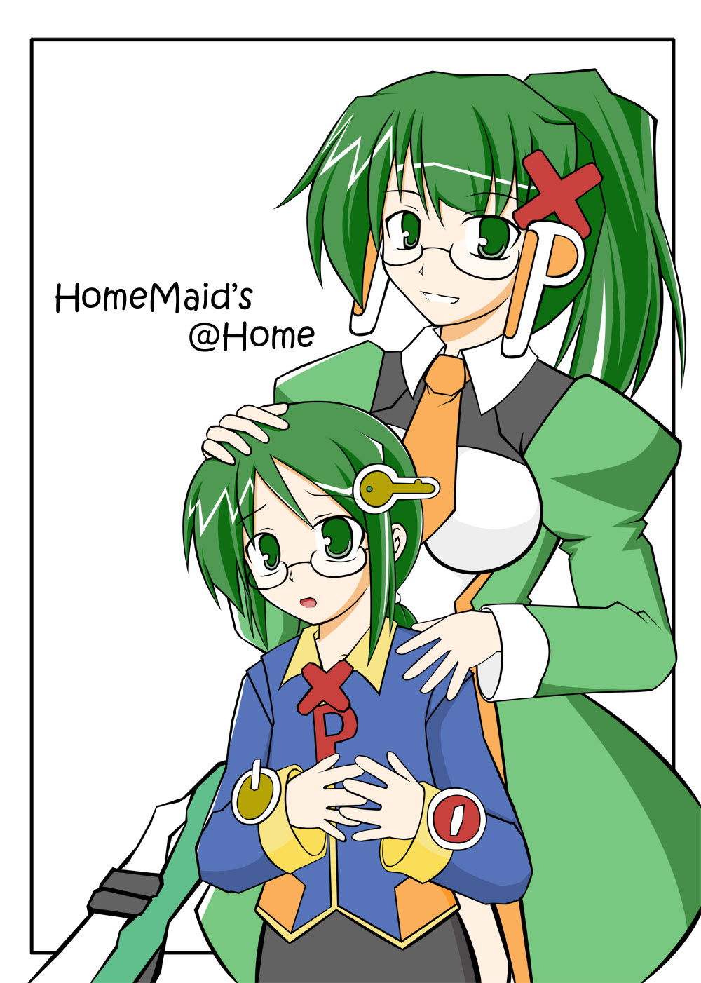 homeko, homeo, xp-tan, xp home-tan, xphome, xppro, os-tan, highres, 1boy, 1girl, brother and sister, glasses, green eyes, green hair, hair ornament, looking at viewer, ponytail, siblings, simple background, size difference, white background