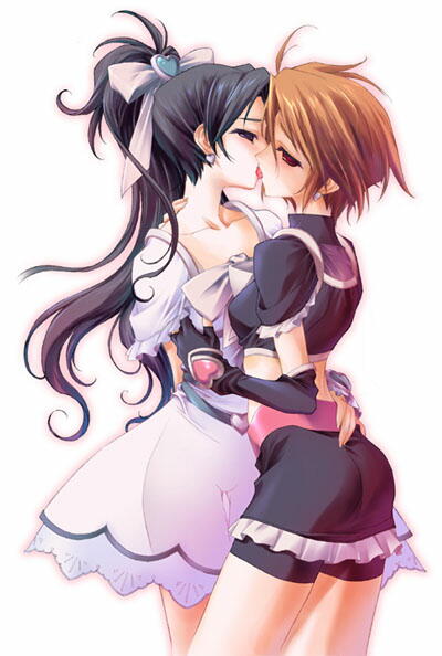 kikuchi seiji, cure black, cure white, misumi nagisa, yukishiro honoka, futari wa precure, precure, jpeg artifacts, 00s, 2girls, brown hair, earrings, elbow gloves, eye contact, french kiss, gloves, grabbing another's breast, groping, half updo, heart, jewelry, kiss, long hair, looking at another, magical girl, midriff, multiple girls, purple hair, short hair, shorts, shorts under skirt, simple background, white background, wide ponytail, yuri