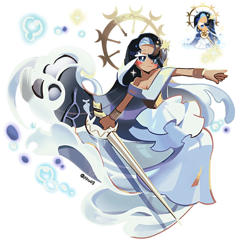michelin (p0lo09), sea fairy cookie, sea fairy cookie (rippling moonlight), cookie run, cookie run: kingdom, commentary, derivative work, symbol-only commentary, 1girl, absurdly long hair, black hair, blue eyes, blue hair, blush stickers, bracer, breasts, bright pupils, cleavage, closed mouth, colored eyelashes, crescent, curtained hair, dress, frilled dress, frills, full body, hair ornament, hair over one eye, holding, holding polearm, holding weapon, humanization, lance, light frown, liquid hair, long dress, long hair, looking ahead, multicolored hair, off-shoulder dress, off shoulder, official alternate costume, official alternate hair color, official art inset, outstretched arms, polearm, reference inset, short sleeves, simple background, small breasts, solo, sparkle, star (symbol), star hair ornament, twitter username, two-tone hair, very long hair, weapon, white background, white eyelashes, white pupils