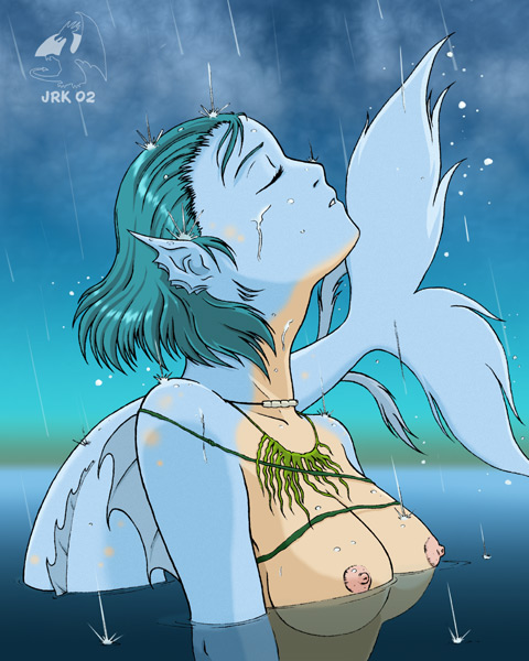 artist request, 1girl, aqua hair, blue hair, blue skin, breasts, closed eyes, colored skin, completely nude, female focus, gills, jewelry, mermaid, monster girl, necklace, nipples, nude, rain, solo, tail, upper body, water