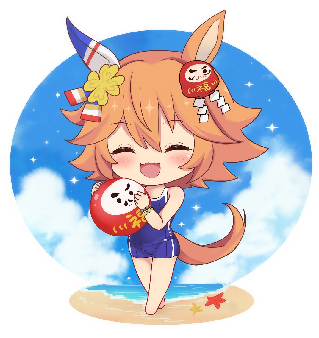 terimuku, matikanefukukitaru (umamusume), umamusume, commentary request, 1girl, :d, ^ ^, animal ears, bare arms, bare shoulders, beach, blue one-piece swimsuit, blue sky, blush, brown hair, closed eyes, cloud, daruma doll, day, flower, hair between eyes, hair flower, hair ornament, holding, horizon, horse ears, horse girl, horse tail, ocean, one-piece swimsuit, open mouth, sand, shide, sky, smile, solo, starfish, swimsuit, tail, water, yellow flower