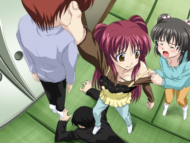 sanshita, kouno takaaki, kousaka tamaki, kousaka yuuji, yuzuhara konomi, to heart (series), to heart 2, 00s, 2boys, 2girls, abuse, blush, brown eyes, from above, lifting person, long hair, maleabuse, multiple boys, multiple girls, perspective, red hair, tatami, twintails