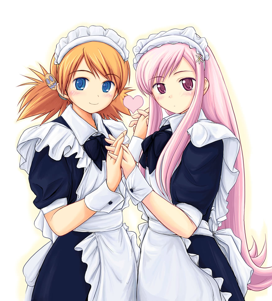 ryp, lucy maria misora, sasamori karin, to heart (series), to heart 2, 00s, 2girls, bow, heart, maid, multiple girls, pink hair, simple background