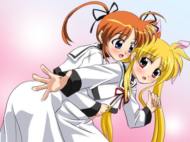 sanshita, fate testarossa, takamachi nanoha, lyrical nanoha, mahou shoujo lyrical nanoha, mahou shoujo lyrical nanoha a's, grabbing, 00s, 2girls, bent over, blonde hair, blush, brown hair, hair ribbon, hug, hug from behind, long hair, multiple girls, open mouth, red eyes, ribbon, school uniform, surprised, twintails