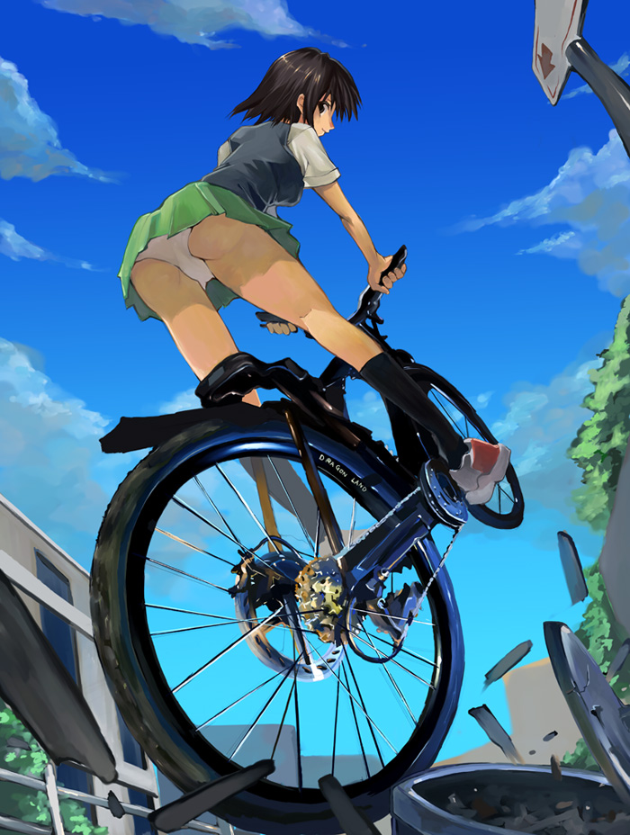 shihira tatsuya, original, 1girl, ass, bicycle, black hair, black socks, cloud, day, dress shirt, female focus, legs, looking back, miniskirt, panties, pantyshot, riding, school uniform, serafuku, shirt, shoes, short hair, skirt, sky, socks, solo, sweater vest, thighs, underwear, upskirt, vest, white panties