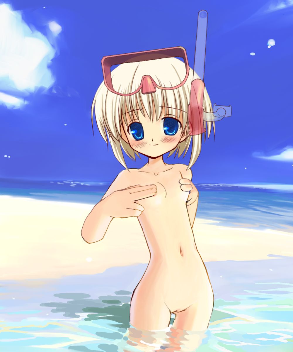 artist request, copyright request, highres, third-party edit, 1girl, bad anatomy, bad hands, bad proportions, beach, blonde hair, blue eyes, blush, breasts, cloud, completely nude, covering breasts, covering privates, day, diving mask, female focus, goggles, loli, man hands, navel, nude, nude cover, ocean, outdoors, poorly drawn, short hair, smile, snorkel, solo, wading, water