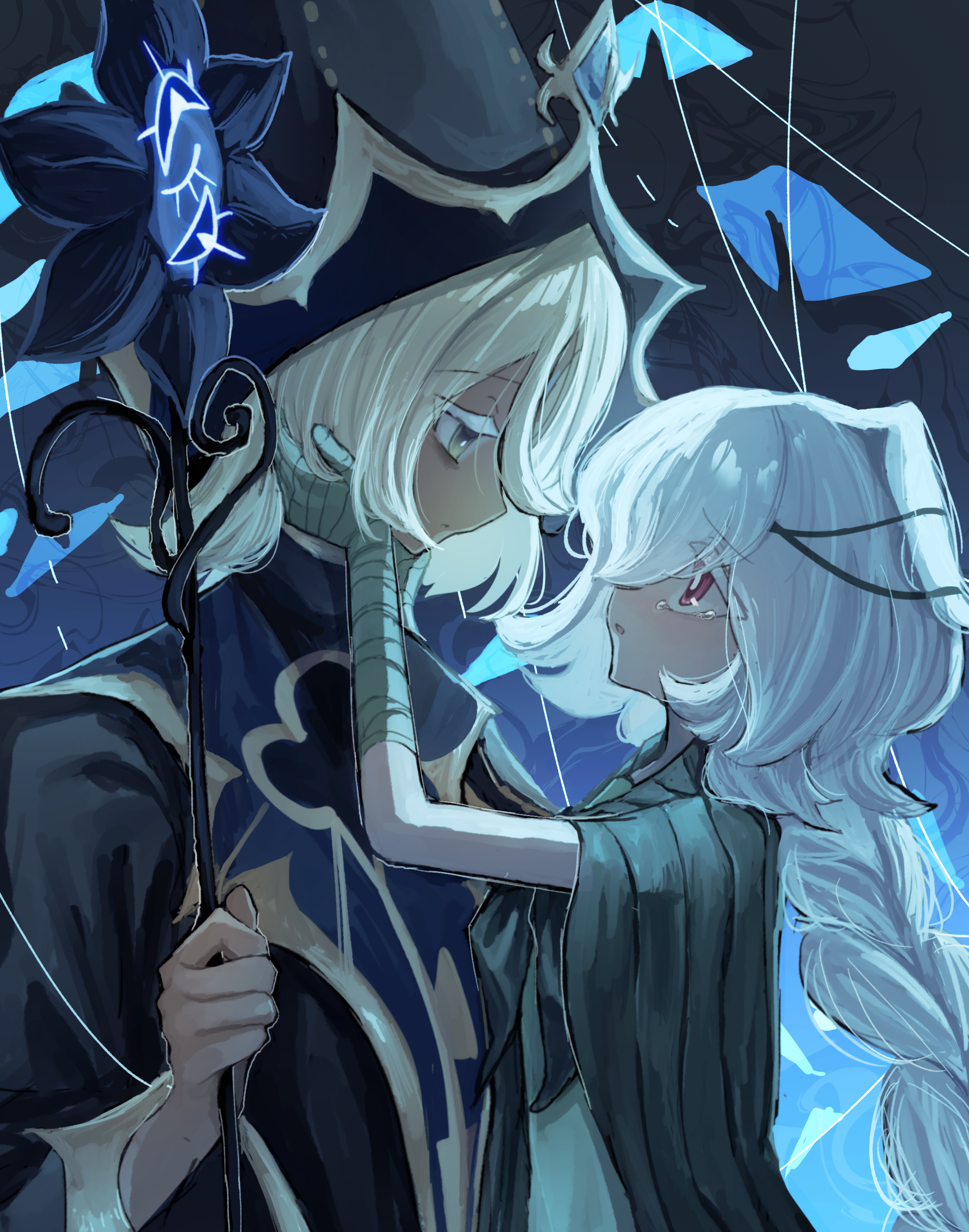 m1tky, pure vanilla cookie, pure vanilla cookie (truthless recluse), white lily cookie, cookie run, cookie run: kingdom, absurdres, commentary request, highres, 1boy, 1girl, backlighting, bandaged arm, bandages, black background, black hat, black robe, blonde hair, blue background, blue sclera, braid, braided ponytail, bright pupils, cape, colored eyelashes, colored sclera, dark-skinned male, dark skin, dress, extra eyes, eye contact, eyes visible through hair, face-to-face, gradient background, green cape, green dress, hair over one eye, hat, holding, holding staff, humanization, large hat, long hair, long sleeves, looking at another, medium hair, official alternate costume, parted lips, pink eyes, profile, raised inner eyebrows, robe, sideways mouth, simple background, single braid, slit pupils, staff, upper body, white eyelashes, white hair, white pupils, witch hat, yellow eyes