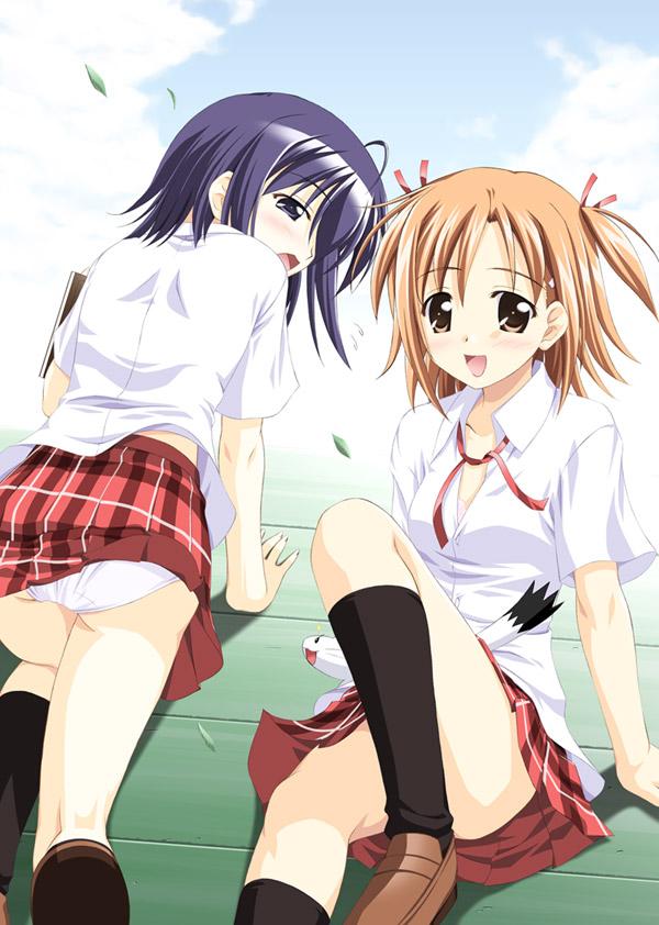 albert chamomille, miyazaki nodoka, sasaki makie, mahou sensei negima!, black legwear, plaid, 2girls, all fours, arm support, ass, black hair, blush, bra, brown eyes, brown hair, dress shirt, hair ribbon, kneehighs, lingerie, looking back, multiple girls, open clothes, open shirt, panties, pantyshot, plaid skirt, ribbon, shirt, short hair, sitting, skirt, smile, socks, underwear, undressing, white panties