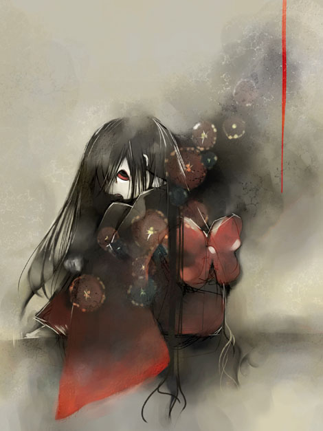 kei (keigarou), enma ai, jigoku shoujo, 00s, 1girl, black hair, blunt bangs, female focus, hime cut, japanese clothes, kimono, long hair, obi, red eyes, sash, solo