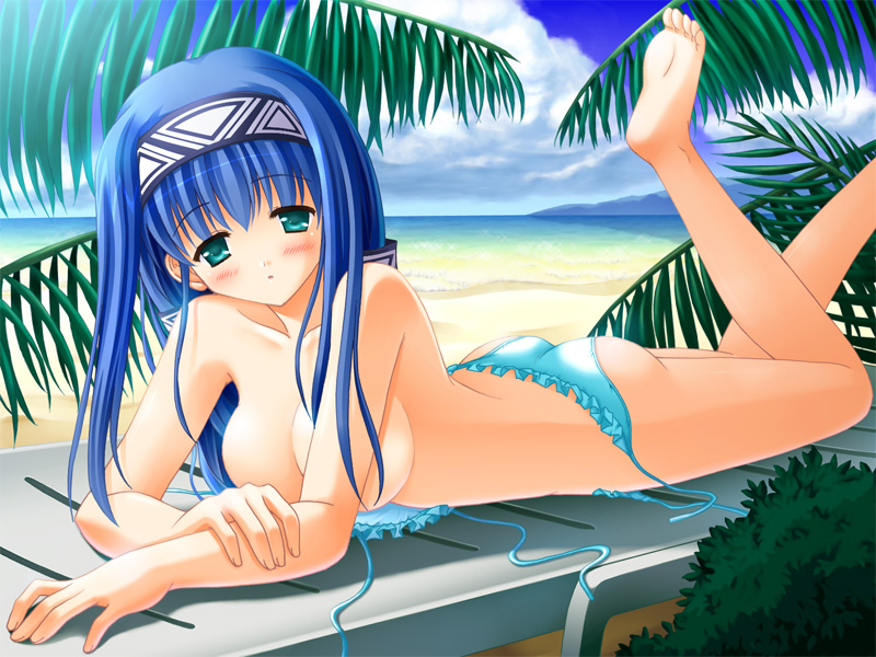 uehiro, reverie metherlence, elemental gelade, 00s, 1girl, aqua eyes, ass, barefoot, beach, bikini, blue bikini, blue hair, blue sky, blush, breasts, chair, cloud, day, female focus, large breasts, long hair, lounge chair, lying, on stomach, outdoors, side-tie bikini bottom, sky, solo, sunbathing, swimsuit, the pose, topfreedom, topless female, untied bikini