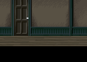 fukuzawa yumi, ogasawara sachiko, shimazu yoshino, clock tower: the first fear, clock tower (series), clocktower, maria-sama ga miteru, animated, animated gif, lowres, translated, 1990s (style), 3girls, age difference, arms up, black hair, blush, bow, braid, child, dancing, door, embarrassed, full-face blush, hair bow, long hair, multiple girls, musical note, open door, parody, pixel art, retro artstyle, running, school uniform, serafuku, shoes, short hair, short twintails, single braid, socks, twintails, walk-in